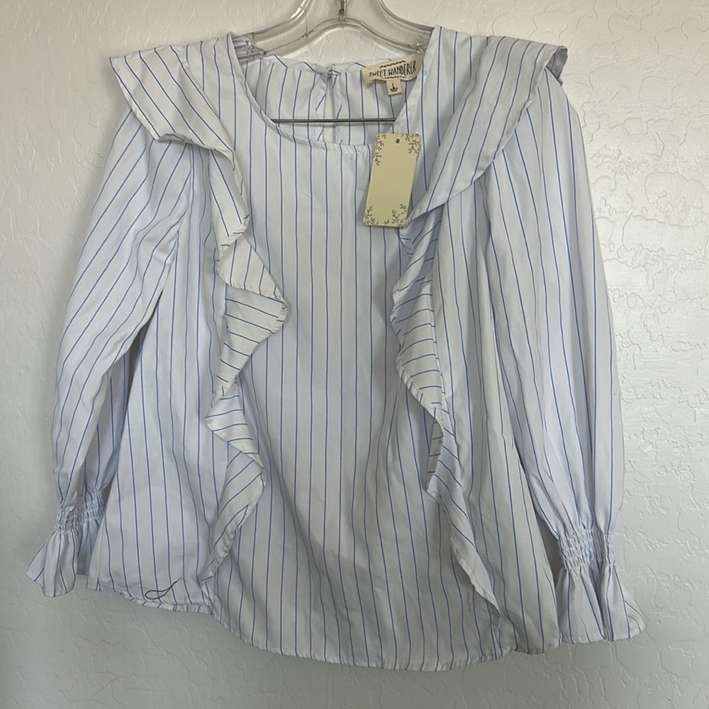 NWT blouse white blue‎ pin stripe puff preppy Large ruffle teacher shirt pencil